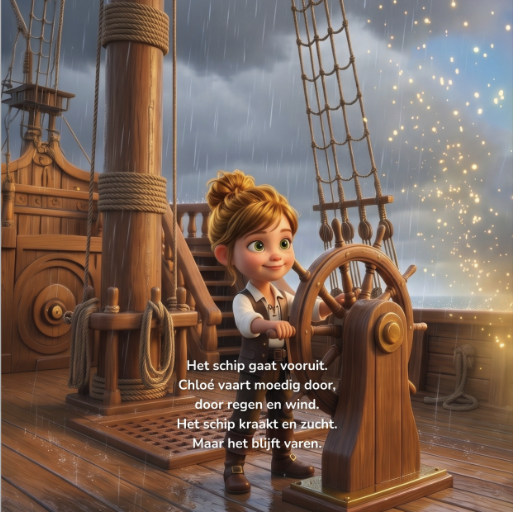 Binnenwerk van een gepersonaliseerd kinderboek: meisje aan het roer van een piratenschip met verhaaltekst