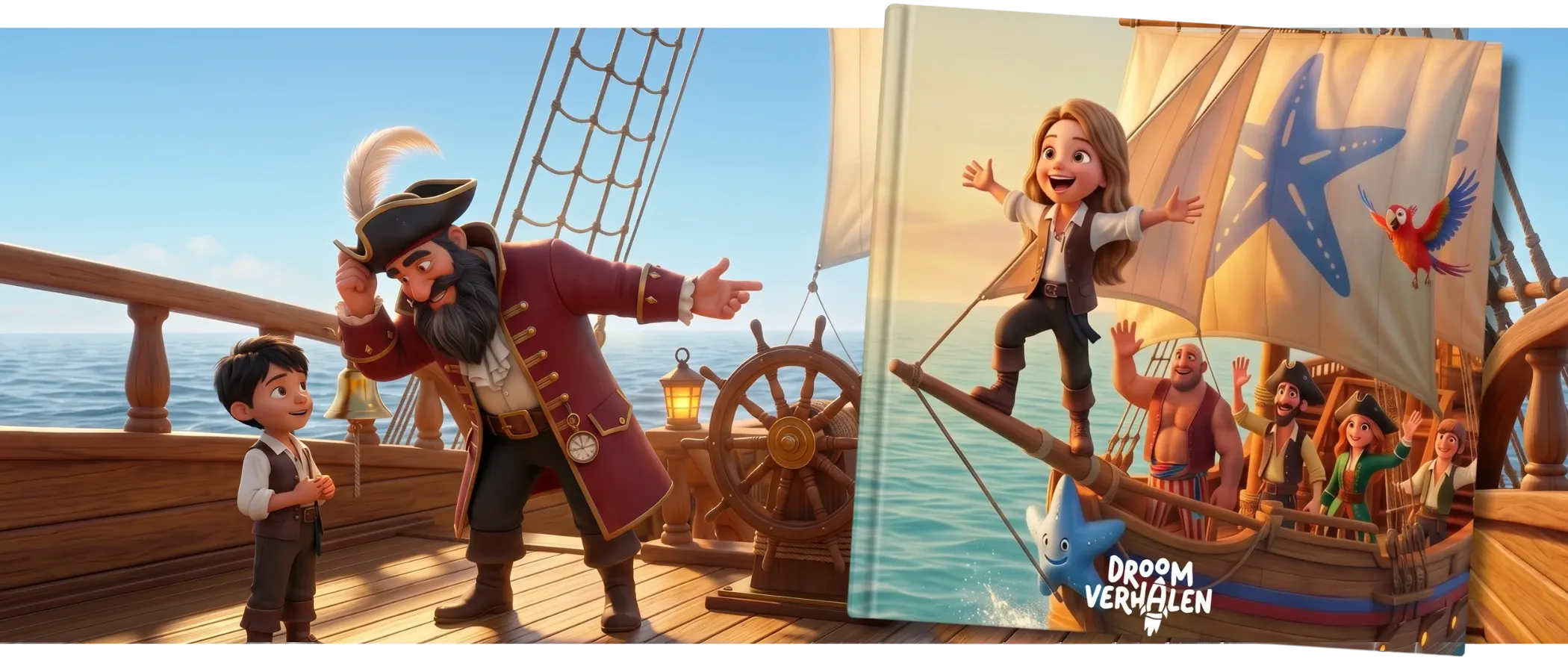 Het gedrukte boek Het Piratenschip in een sfeerbeeld van het verhaal