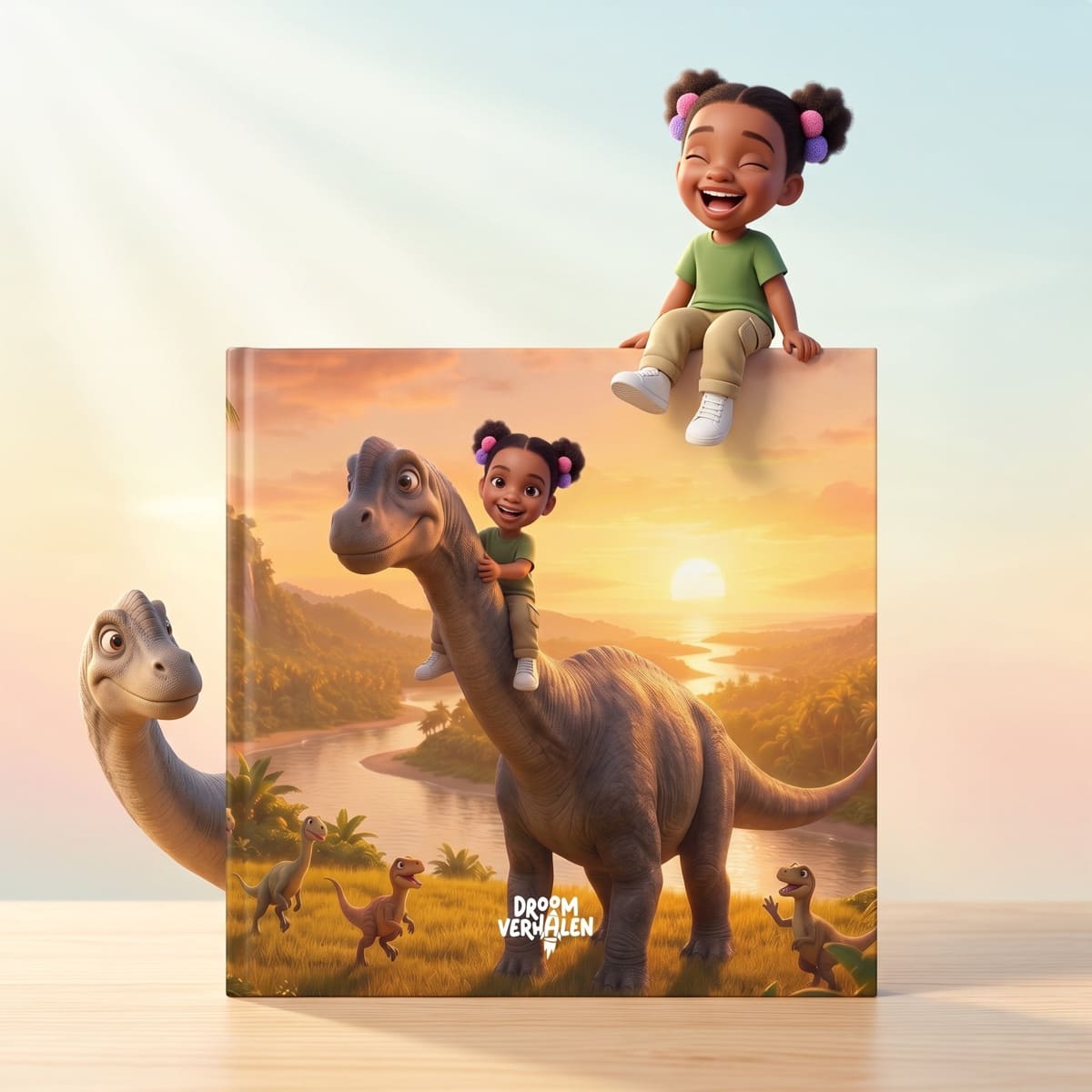 Het gedrukte dinoboek met het kind bovenop de cover en een dino die eruit stapt