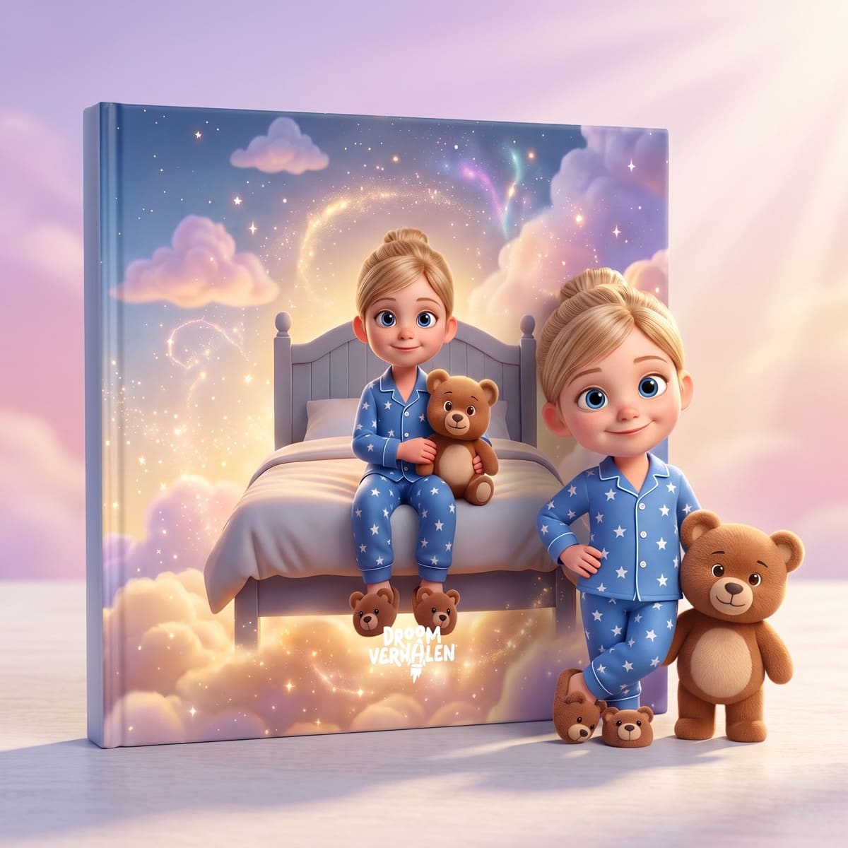 Het gedrukte knuffelboek waar het kind en de knuffel als figuren uit de cover stappen