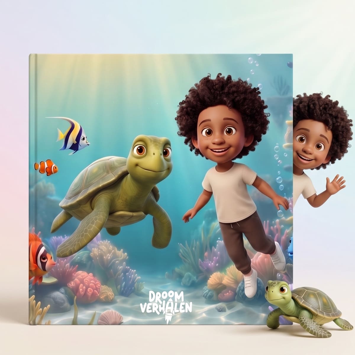 Het gedrukte onderwaterboek waar het kind als figuur uit de cover stapt