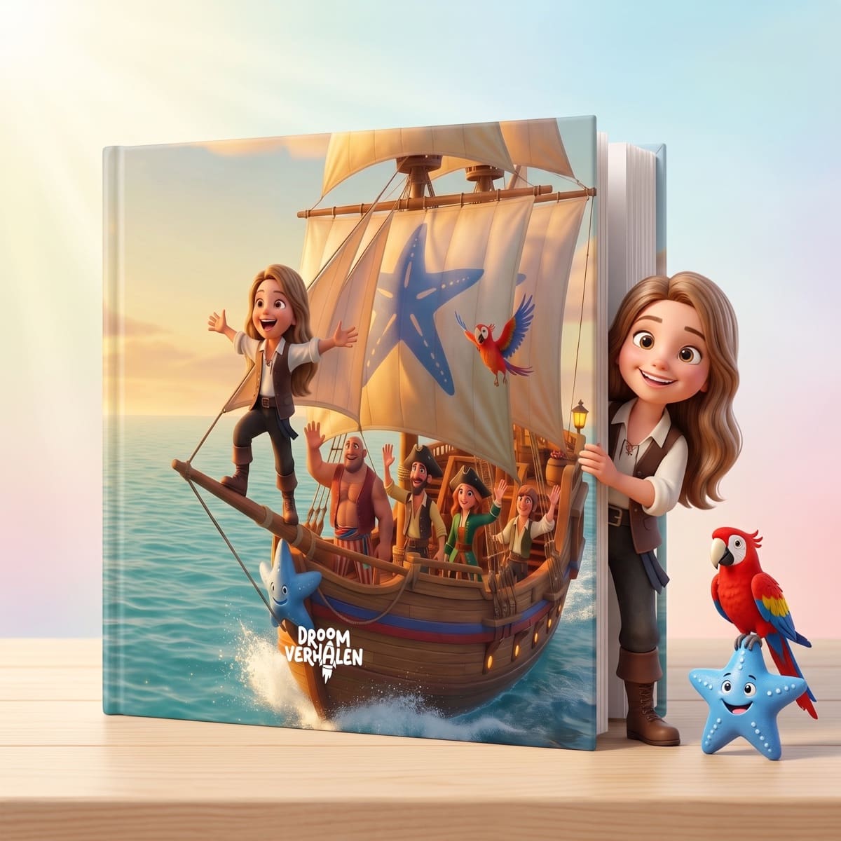 Het gedrukte piratenboek waar de kleine piraat als figuur uit de cover stapt