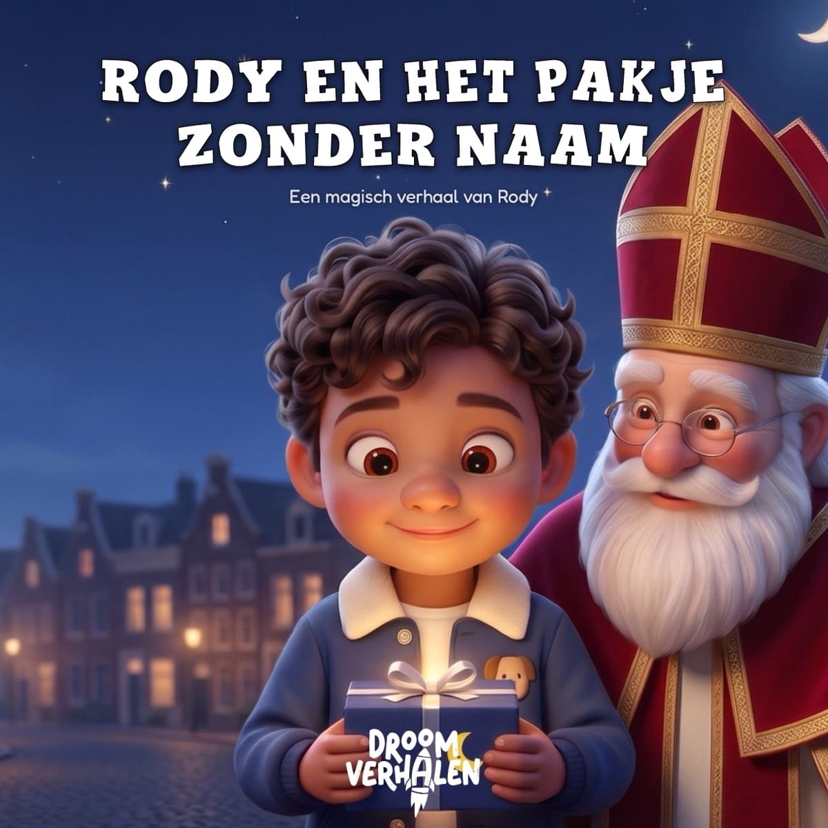 Voorkant van het sinterklaasboek Het pakje zonder naam: een kind met het pakje naast Sinterklaas in een straat vol lichtjes