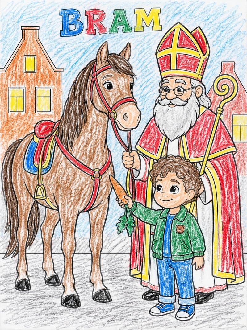Ingekleurde sinterklaas-kleurplaat: een jongen geeft het paard van Sinterklaas een wortel, met zijn naam in gekleurde letters erboven