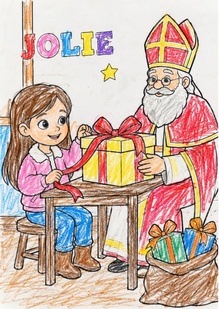 Ingekleurde sinterklaas-kleurplaat: een meisje pakt samen met Sinterklaas een cadeau uit, met haar naam in gekleurde letters erboven